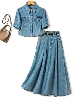 Casual Denim Blue Two-Piece Skirt Set