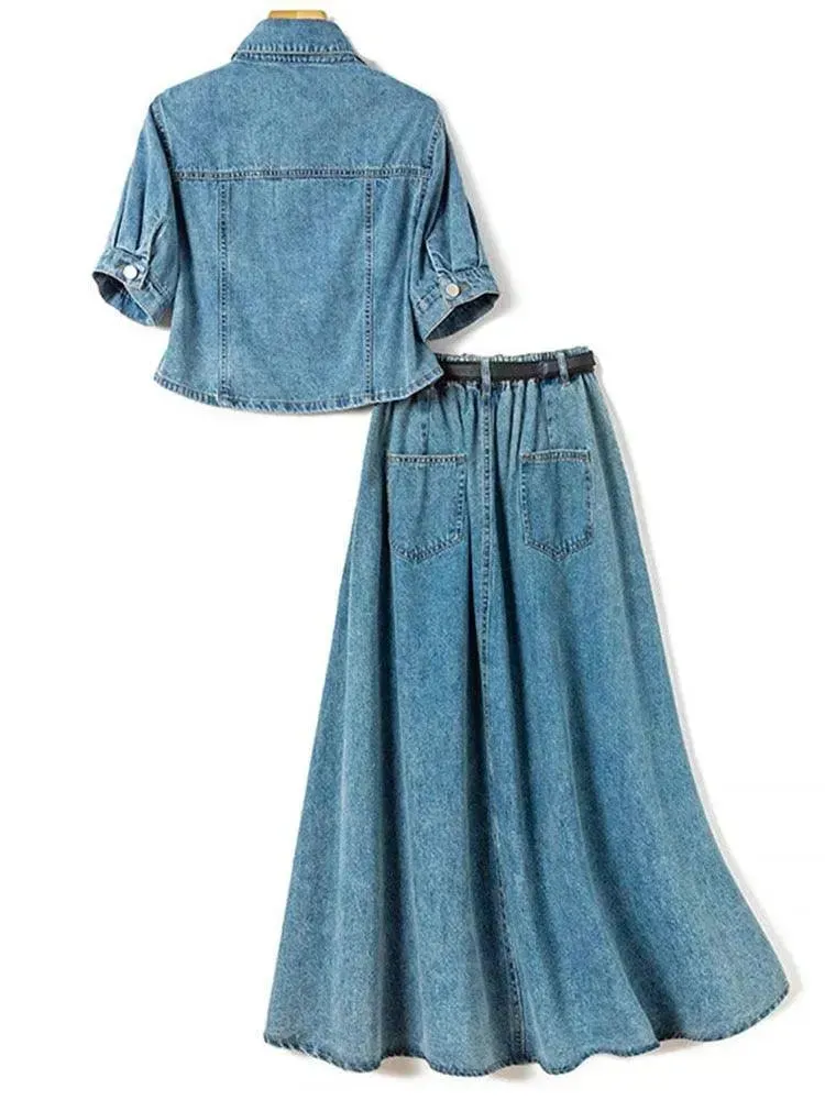 Casual Denim Blue Two-Piece Skirt Set