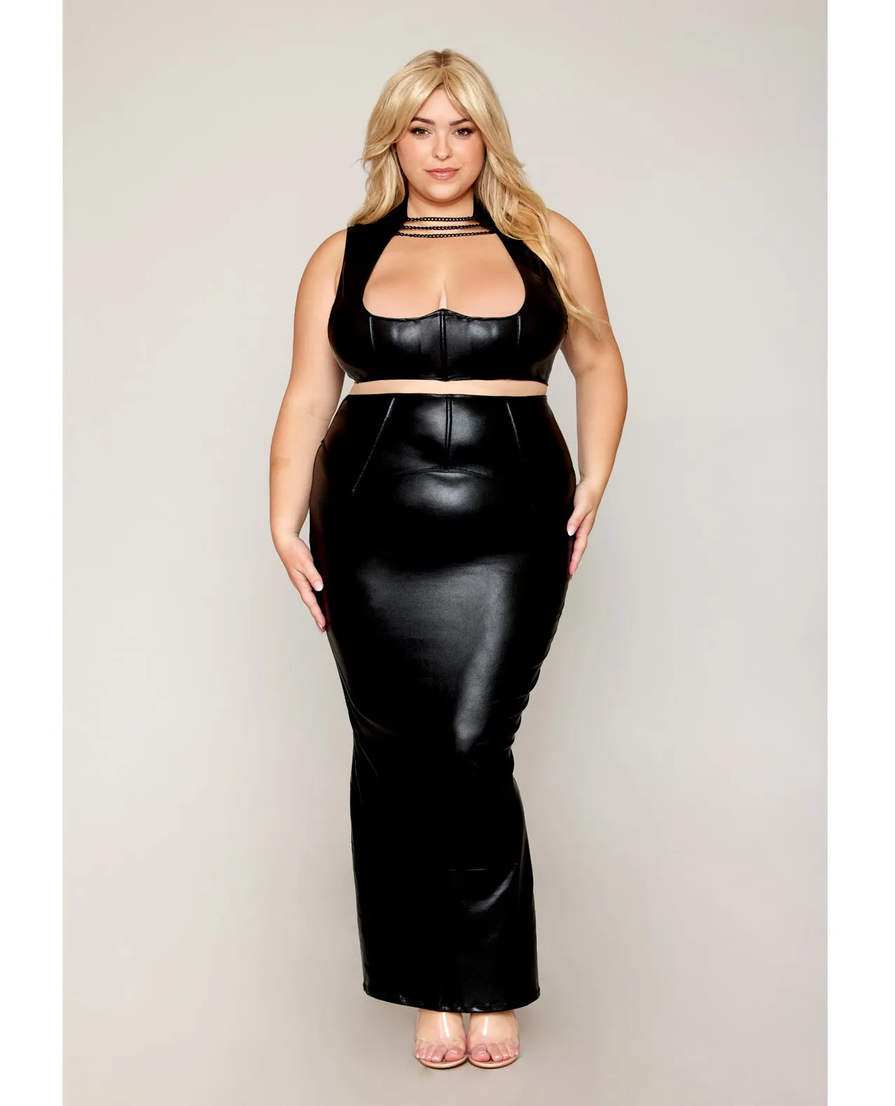 Dreamgirl Queen Stretch Faux Leather Harness Bra & Long Slip Skirt
