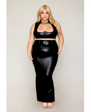Dreamgirl Queen Stretch Faux Leather Harness Bra & Long Slip Skirt