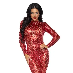Laser-Cut Metallic Catsuit Red Small