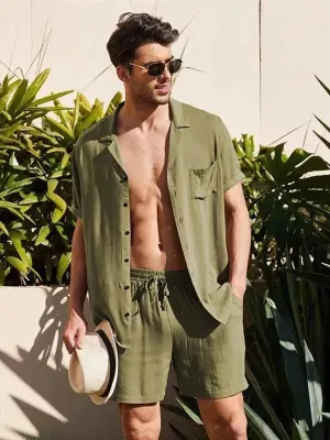Men Relaxed Casual Olive Shorts Set