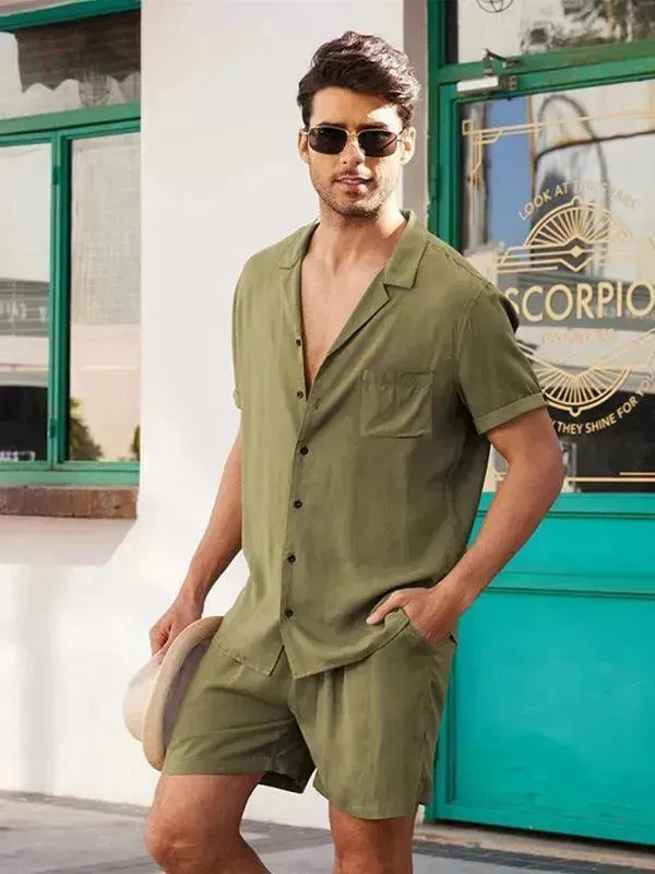 Men Relaxed Casual Olive Shorts Set